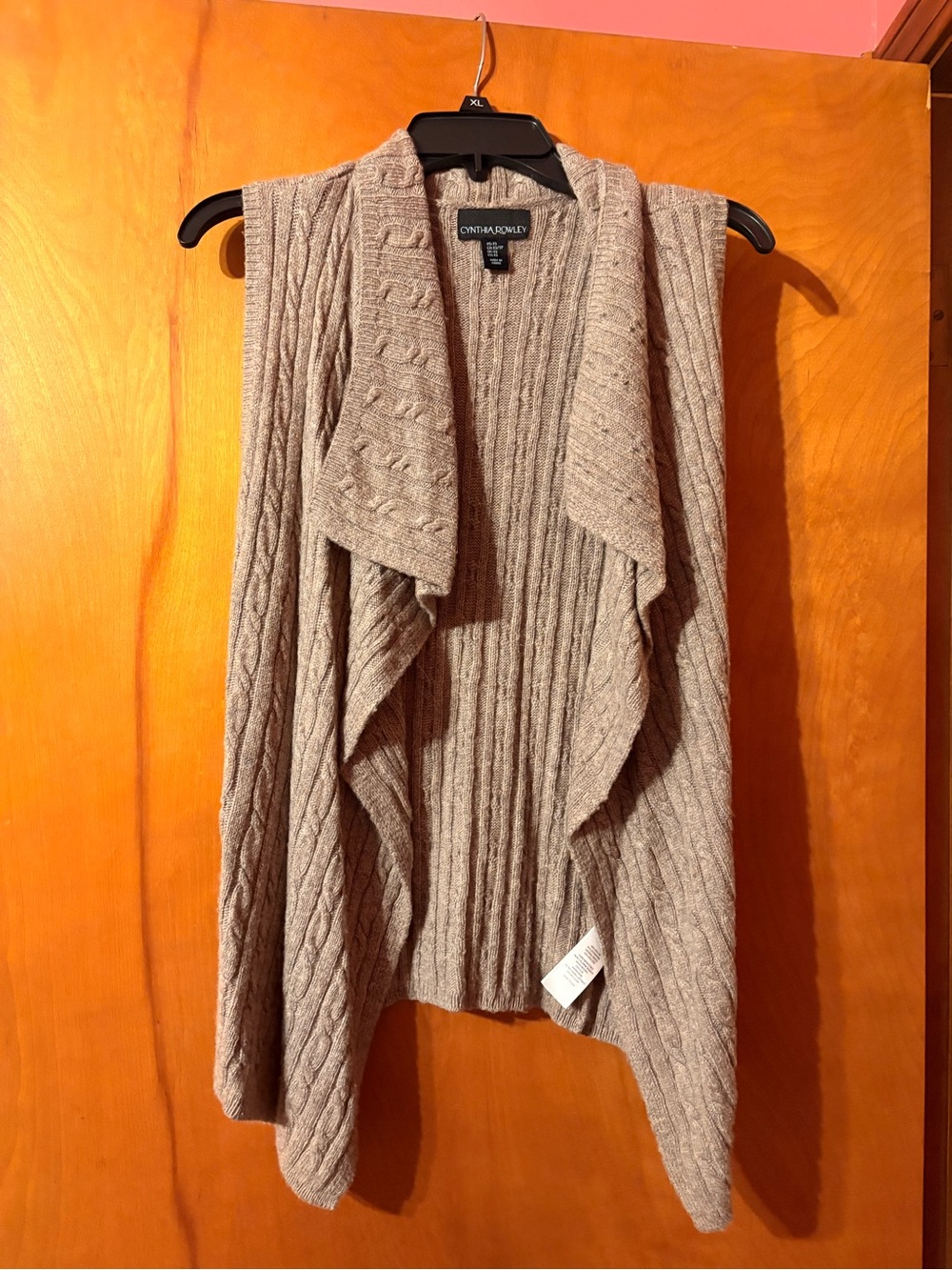 Cynthia Rowley Taupe Cable Knit Draped Sleeveless Cardigan Vest
